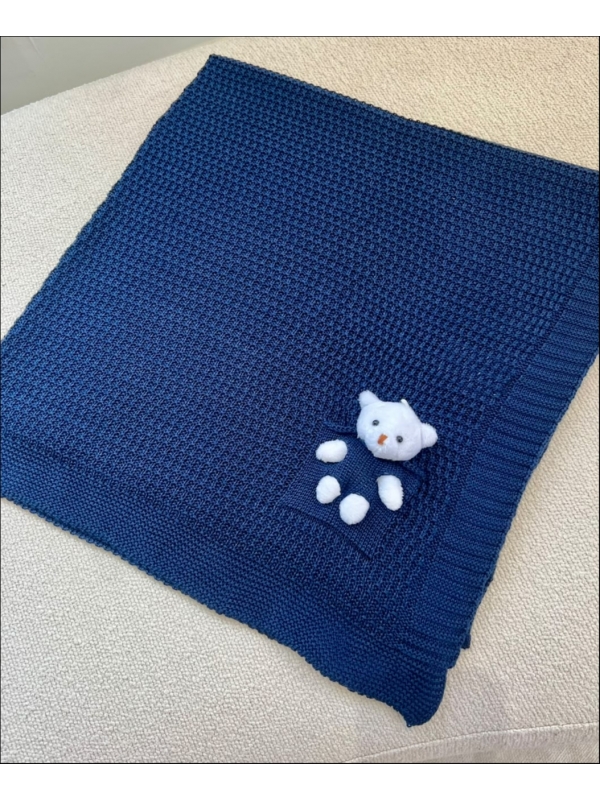 MANTA BEBÊ TRICOT URSO - AZUL MARINHO