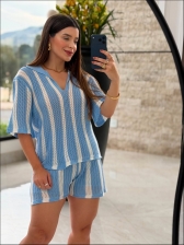 CONJUNTO SHORT LISTRAS VERTICAIS - AZUL BEBE COM BRANCO