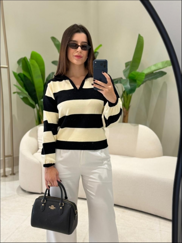 BLUSA POLO TATI - PRETO/OFF WHITE