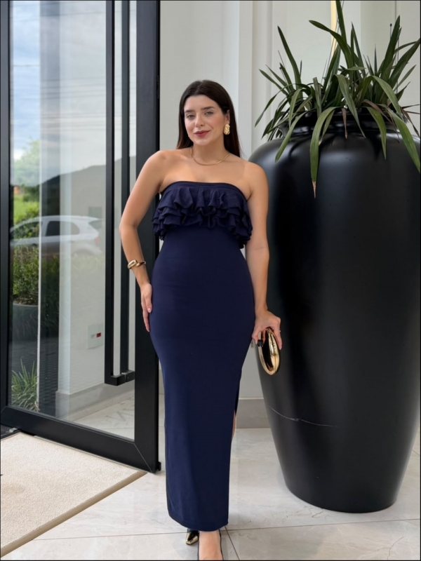 VESTIDO TOMARA QUE CAIA BABADO - AZUL MARINHO