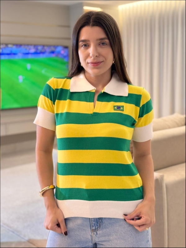 TSHIRT POLO LISTRADA 3 CORES BRASIL - VERDE/AMARELO/BRANCO