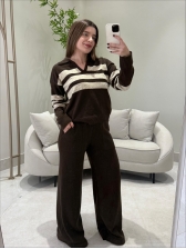 CONJUNTO GOLA POLO LISTRAS - Marrom com bege