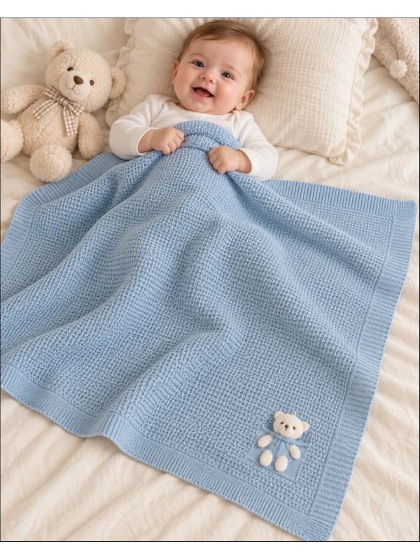MANTA BEBÊ TRICOT URSO - AZUL BEBE