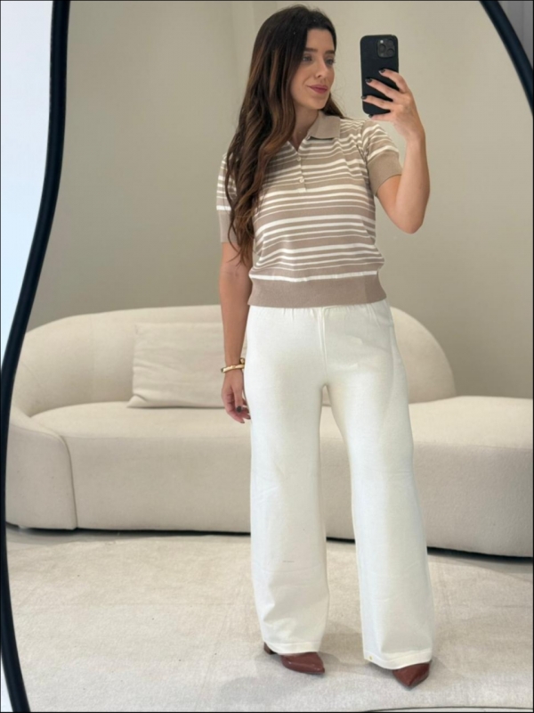 TSHIRT POLO LISTRAS - AREIA/OFF WHITE