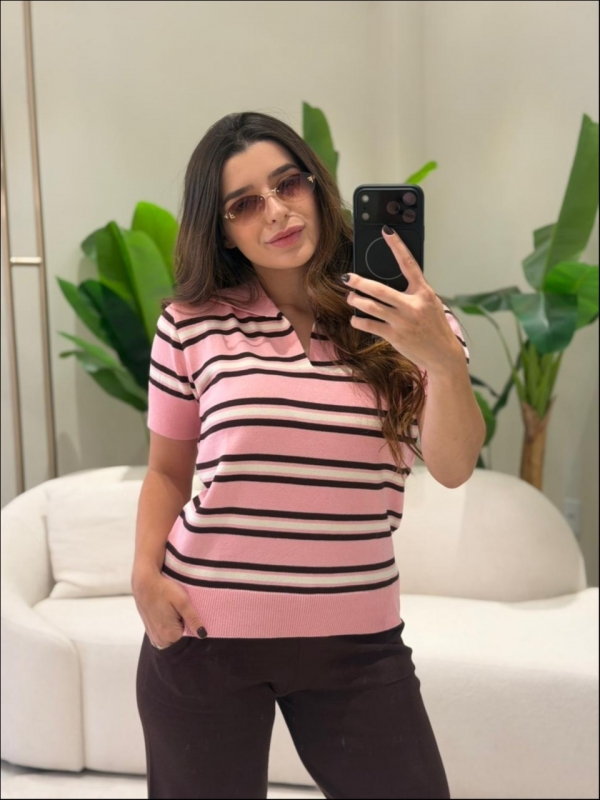 TSHIRT LISTRAS ARY - ROSA BEBE/MARROM