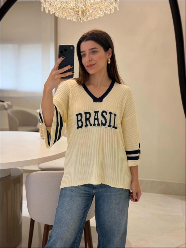 BLUSA AMPLA BRASIL LISA - Off white com azul marinho