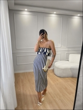 VESTIDO LISTRADO CELINE - AZUL MARINHO/OFF WHITE