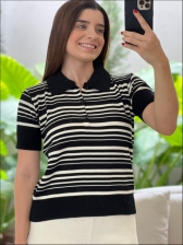 TSHIRT POLO LISTRAS - PRETO/OFF
