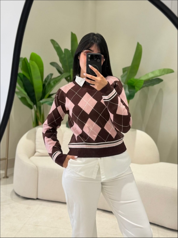 BLUSA ESCOCESA GERLANE - MARROM COM ROSA