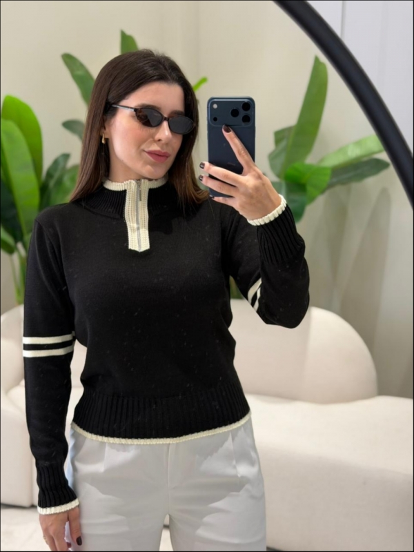 BLUSA BICOLOR DECOTE COM ZIPER - PRETO