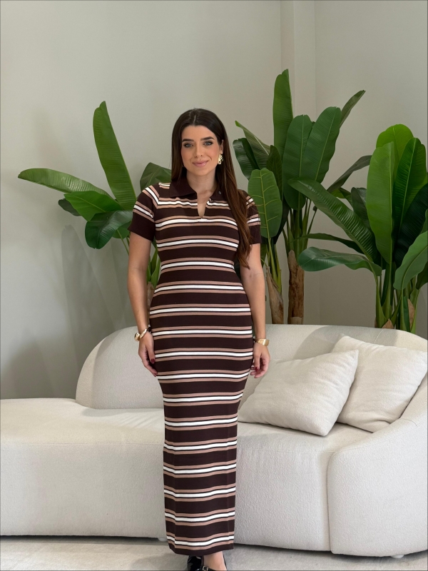 VESTIDO POLO LISTRADO - MARROM/ BEGE