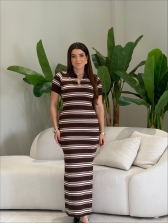 VESTIDO POLO LISTRADO - MARROM/ BEGE
