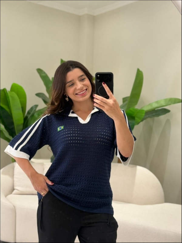 TSHIRT RENDADA BRASIL - AZUL MARINHO/BRANCO
