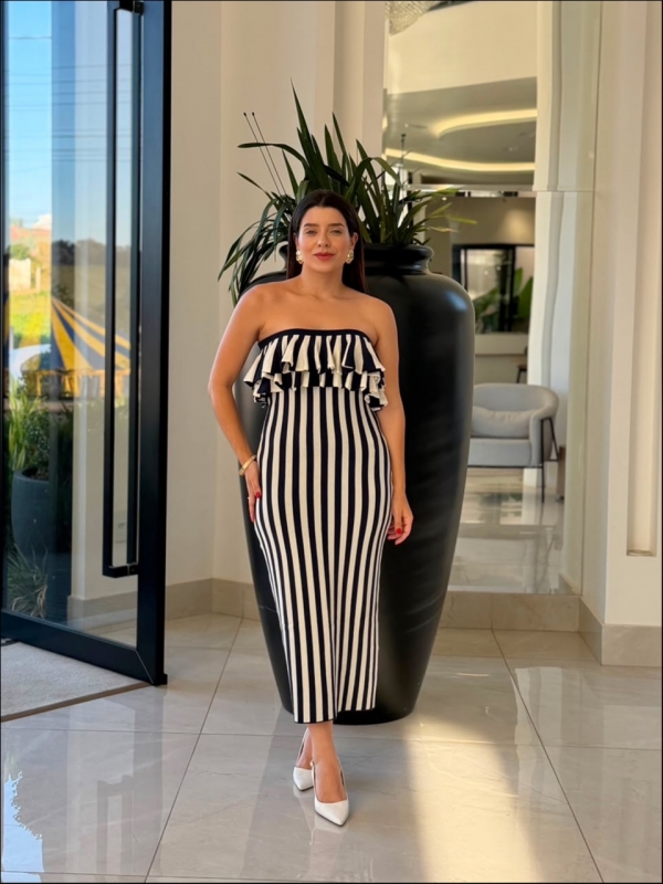 VESTIDO LISTRADO CELINE - AZUL MARINHO/OFF WHITE