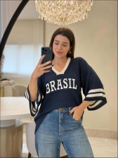 BLUSA AMPLA BRASIL LISA - Azul marinho com off white