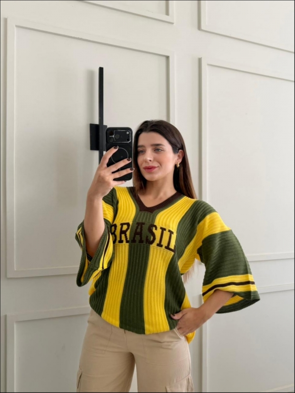 BLUSA LISTRADA BRASIL - VERDE MILITAR/AMARELO/MARROM