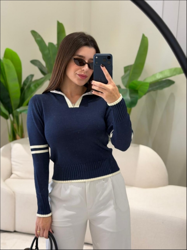 BLUSA BICOLOR DECOTE COM ZIPER - AZUL MARINHO