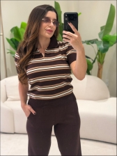 TSHIRT LISTRAS ARY - Marrom com bege