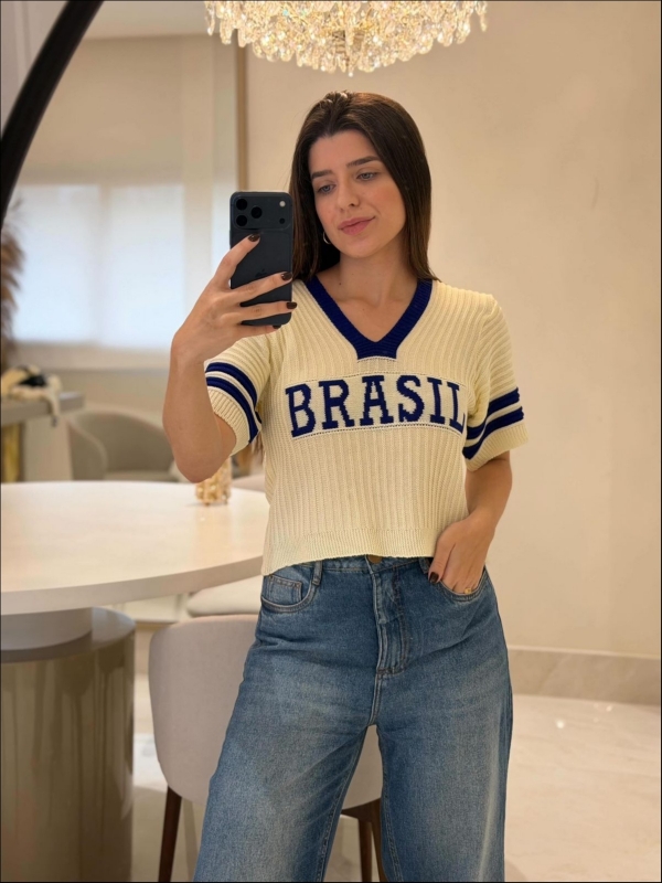 CROPPED NEW BRASIL - OFF WHITE/ AZUL BIC