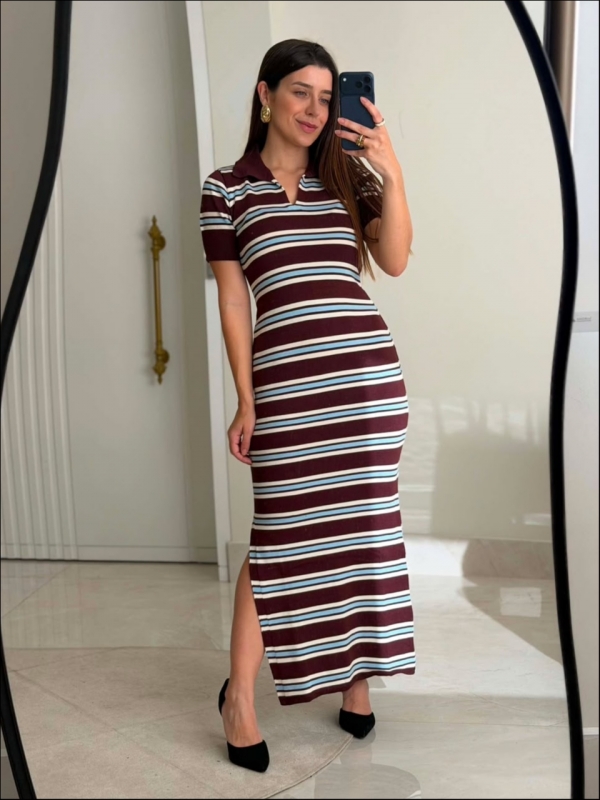 VESTIDO POLO LISTRADO - BERINJELA/AZUL BEBE/ OFF WHITE