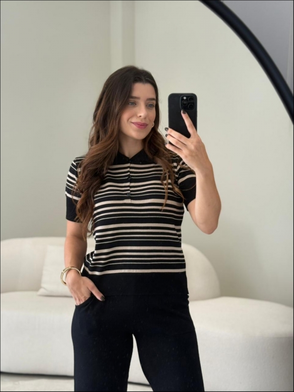 TSHIRT POLO LISTRAS - PRETO/AREIA