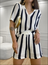 CONJUNTO SHORT LISTRAS VERTICAIS - BRANCO/ AZUL MARINHO