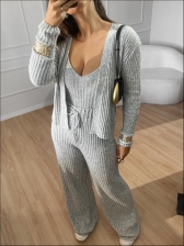 CONJUNTO MOUSSE CANELADO TRÊS PEÇAS GIANE - CINZA