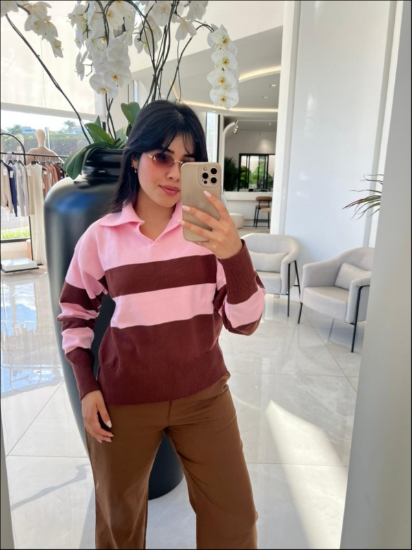 BLUSA POLO LISTRADA TELMA - ROSA BEBE/MARROM