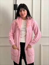 CASACO ALONGADO TRANCA GOLA COM PELE - ROSA BEBE