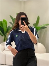 TSHIRT RENDADA BRASIL - AZUL MARINHO/BRANCO