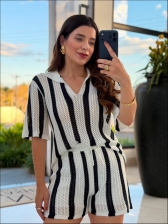 CONJUNTO SHORT LISTRAS VERTICAIS - BRANCO/ PRETO
