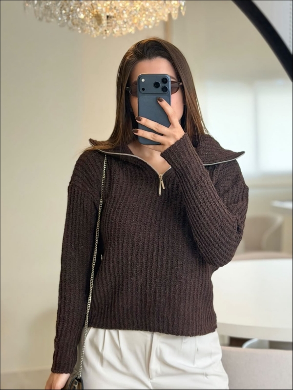 BLUSA ZIPER MOUSSE - MARROM