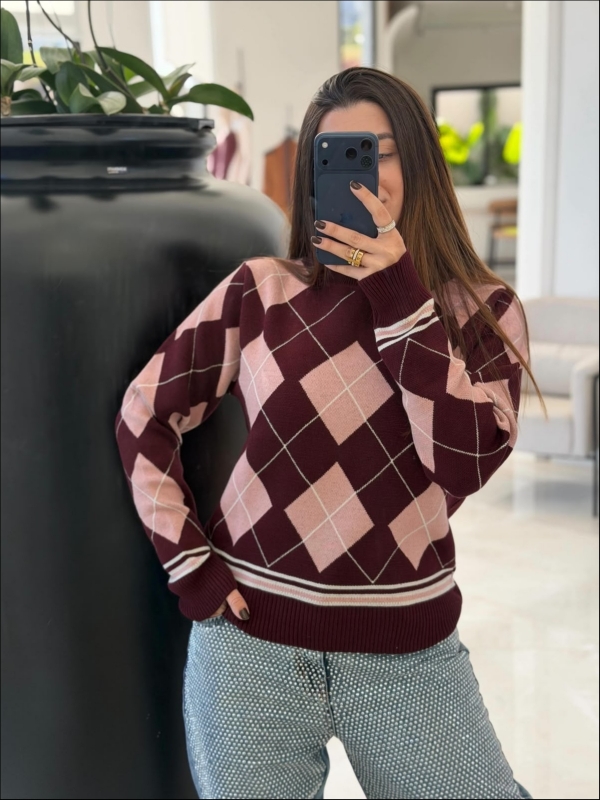 BLUSA ESCOCESA GERLANE - VINHO/ROSA