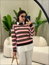 BLUSA PAMELA LISTRADA - MARROM COM ROSA