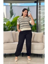 TSHIRT POLO LISTRAS - Off white com preto