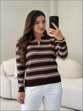 BLUSA MANGA LONGA LISTRADA ARY - Marrom com bege