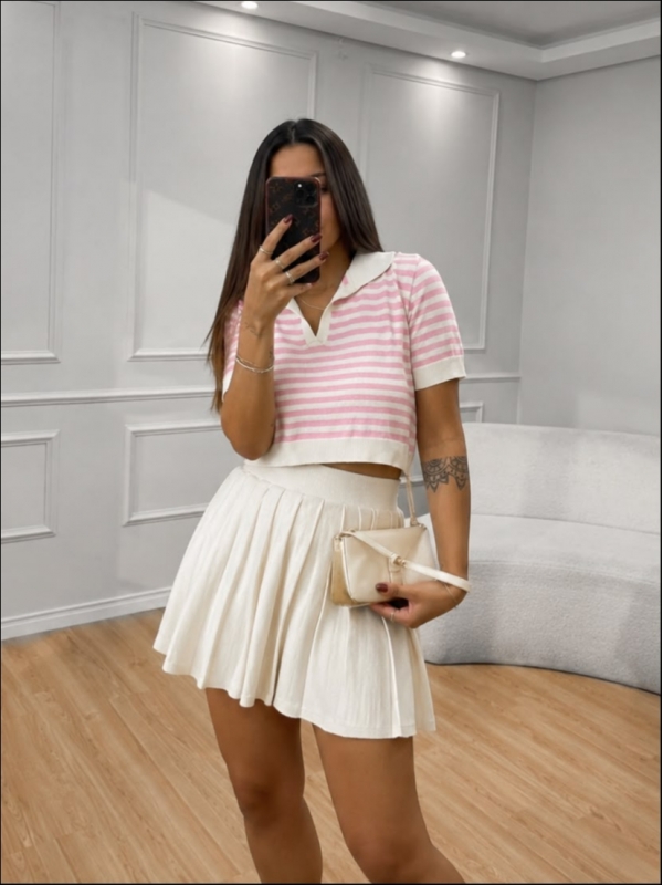 CROPPED POLO LISTRADO FABIANE - ROSA BEBE