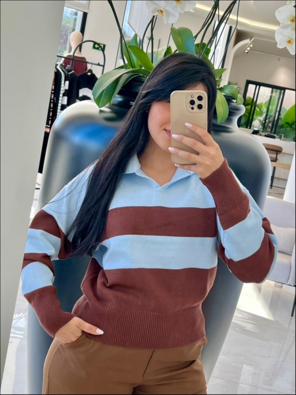 BLUSA POLO LISTRADA TELMA - AZUL BIC/ MARROM