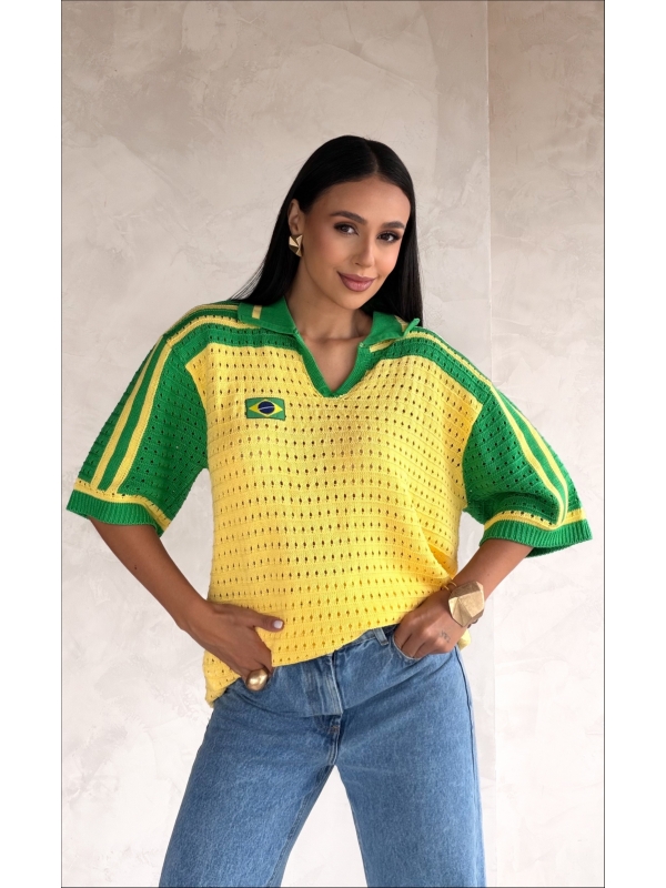 TSHIRT RENDADA BRASIL - AMARELO COM MANGA VERDE