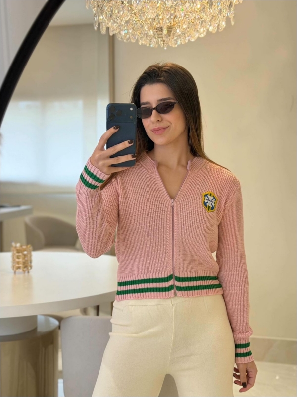 JAQUETA ZIPER BRASÃO BRASIL - ROSA BEBE